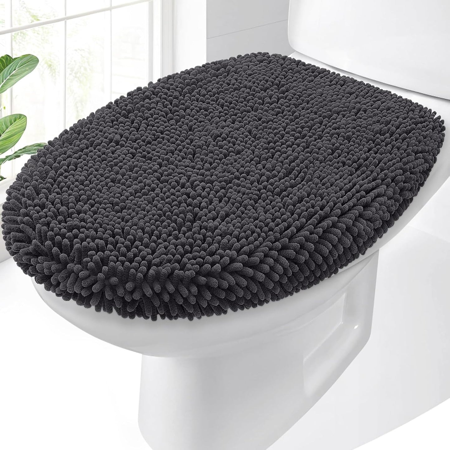 OLANLY Soft Chenille Bathroom Toilet Lid Cover, Machine Washable Seat Covers, 17.5x15, Stays in Place Rubber Backing, Fits Most Round, Elongated and Oblong Lids, Accessories Decor, Dark Gray