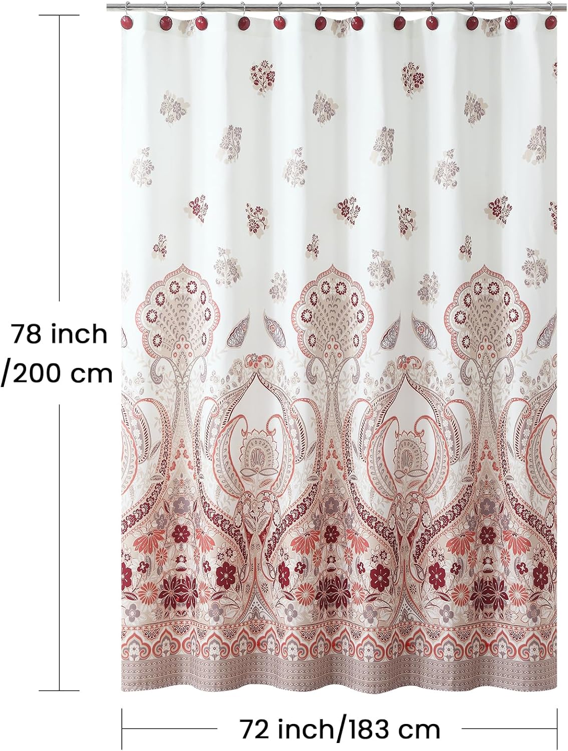 Long Shower Curtain 72x78 Inch - Water-Repellent Off-White Premium Fabric with Burgundy Terracotta Taupe Paisley Floral Design