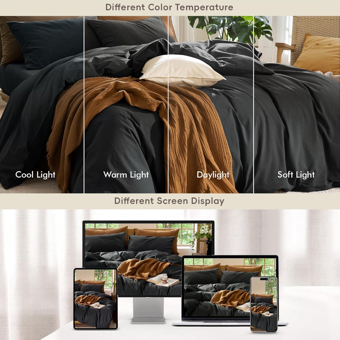 MooMee Bedding Duvet Cover Set 100% Washed Cotton Linen Like Textured Breathable Durable Soft Comfy (Solid Black, King 104"x90")