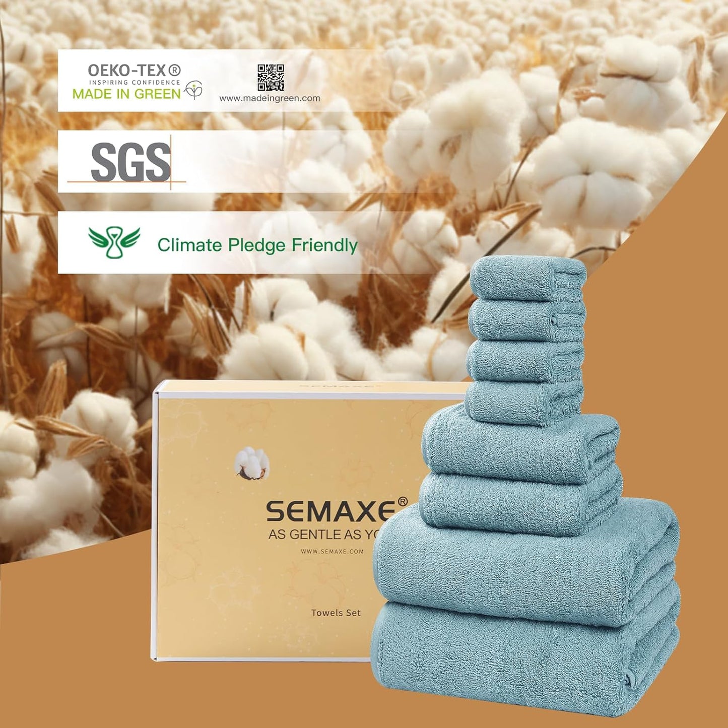 SEMAXE Bath Towel Set, 100% Cotton Bathroom Towels with Hanging Loops and Nano-Bio Lifecycle Labels, 8 Piece Towel Set Include 2 Bath Towels, 2 Hand Towels, 4 Washcloths, Blue