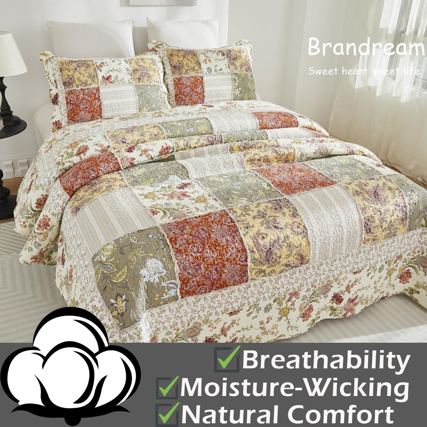 Brandream Queen Size Quilt Set Cotton Luxury Patchwork Quilts Vintage Farmhouse Quilted Comforter Set 3-Piece
