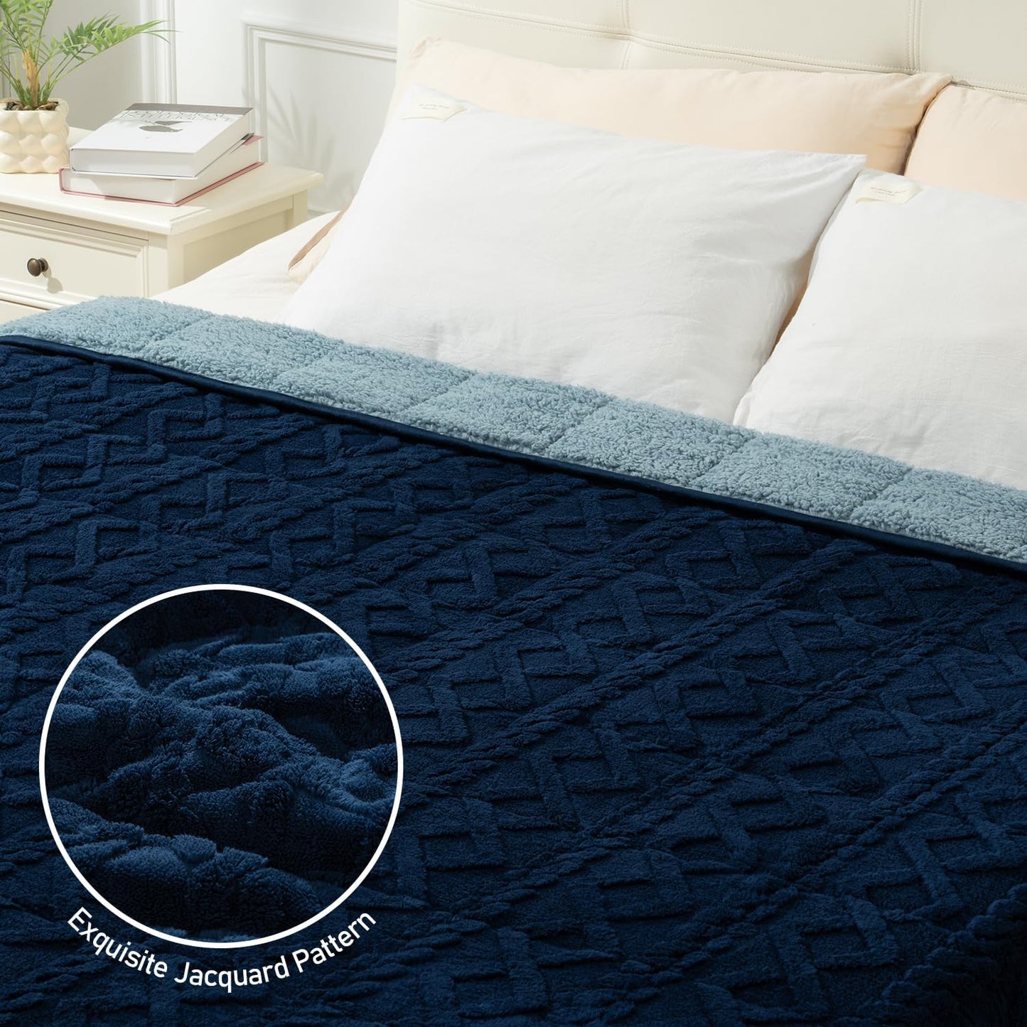 Wemore Weighted Blanket for Adults Twin Size 20 lbs, Dual Sided Soft Fuzzy Jacquard Sherpa Weighted Blankets for Sleeping, Cozy Fluffy Knitted Heavy Blanket for Couch Bed, Navy Blue, 60 x 80 inches