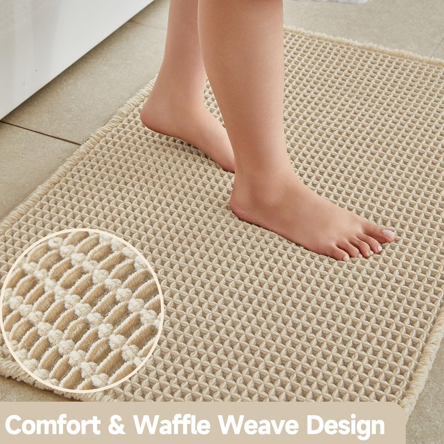Pale Beige Long Bathroom Rug, Waffle Runner Rug Bathroom Non Slip Washable Super Absorbent Quick Dry Boho Farmhouse Bath Mat, 72''x24'' Pale Beige