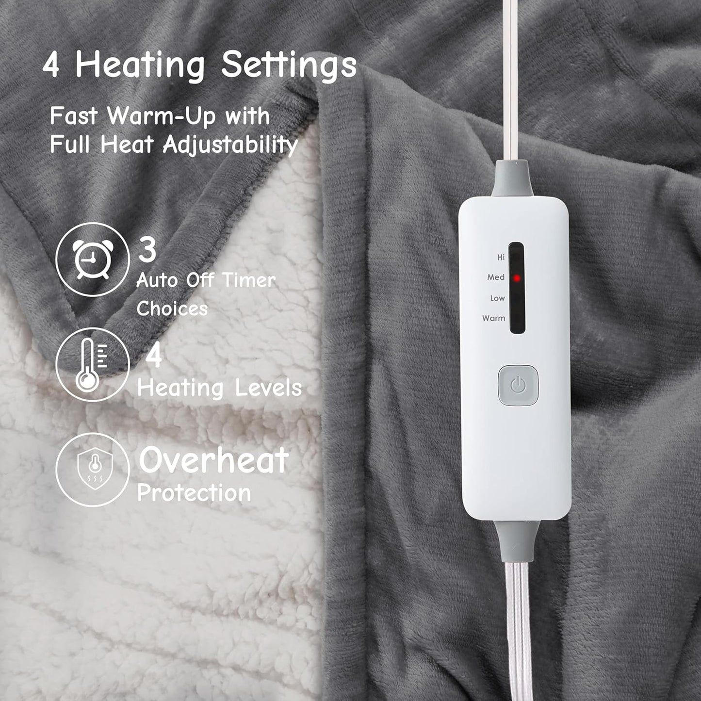 Electric Heated Blanket Throw 50"x60", Soft Flannel Sherpa Heating Throw with 4 Heat Settings, 3-Hour Auto Shut-Off Timer, Grey