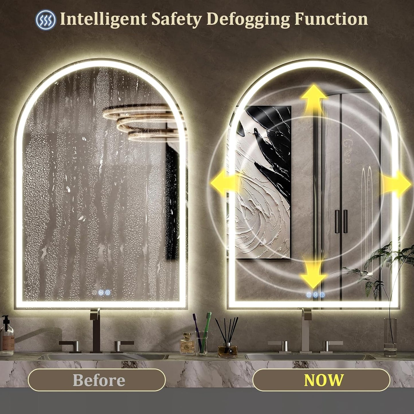 BEAUTYPEAK LED Arch Bathroom Mirrors with Lights, 34x30 Arch Mirror with Metal Frame, Anti-Fog,LED Mirror with Front Light and Backlit, Memory Function for Bathroom, Dressing Room
