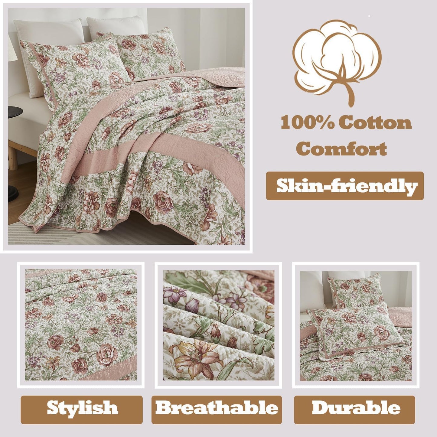 Brandeam Queen Size Quilt Set Cotton Pink Floral Quilts Country Rustic Patchwork Quilts Lightweight Summer Bedspread 3-Piece