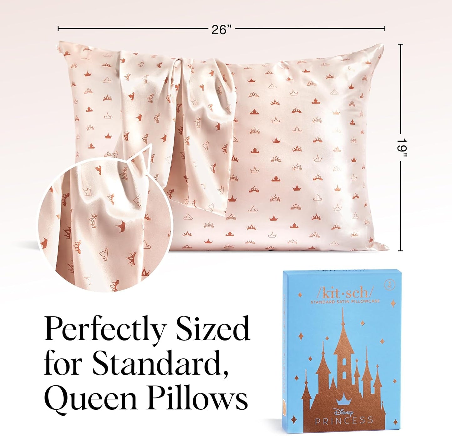 Kitsch & Disney Desert Crown Satin Pillowcase with Zipper for Hair & Skin, Softer Than Silk Pillow Cases Queen, Wrinkle-Free, Smooth and Cooling Satin Pillow Covers, Queen/Standard Size (19"x26")