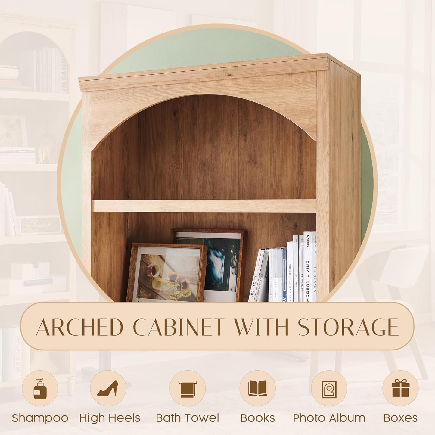 76" Tall Arched Bathroom Storage Cabinet, 5 Tiers Large Farmhouse Arched Cabinet w/Adjustable Shelves, Modern Wooden Storage Cabinet for Bathroom, Living Room, Entryway, Study Room (Natural)