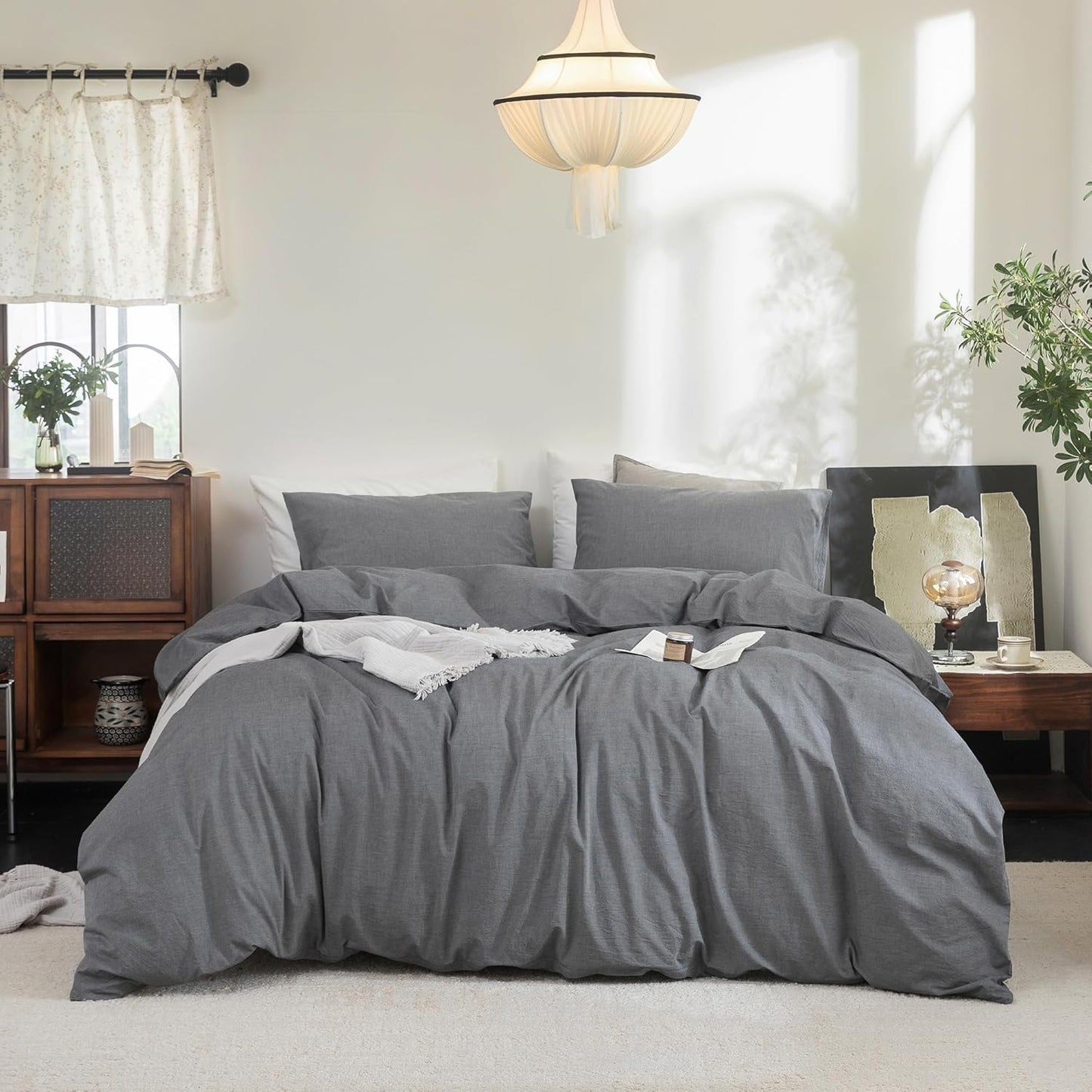 FOSSA Duvet Cover Set 100% Washed Cotton Linen Feel Super Soft Breathable Cozy 3 Pieces Bedding Sets Solid Dark Grey California King