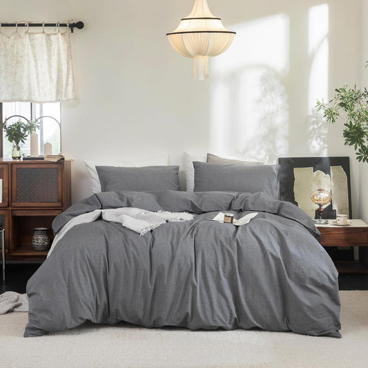 FOSSA Duvet Cover Set 100% Washed Cotton Linen Feel Super Soft Breathable Cozy 3 Pieces Bedding Sets Solid Dark Grey King