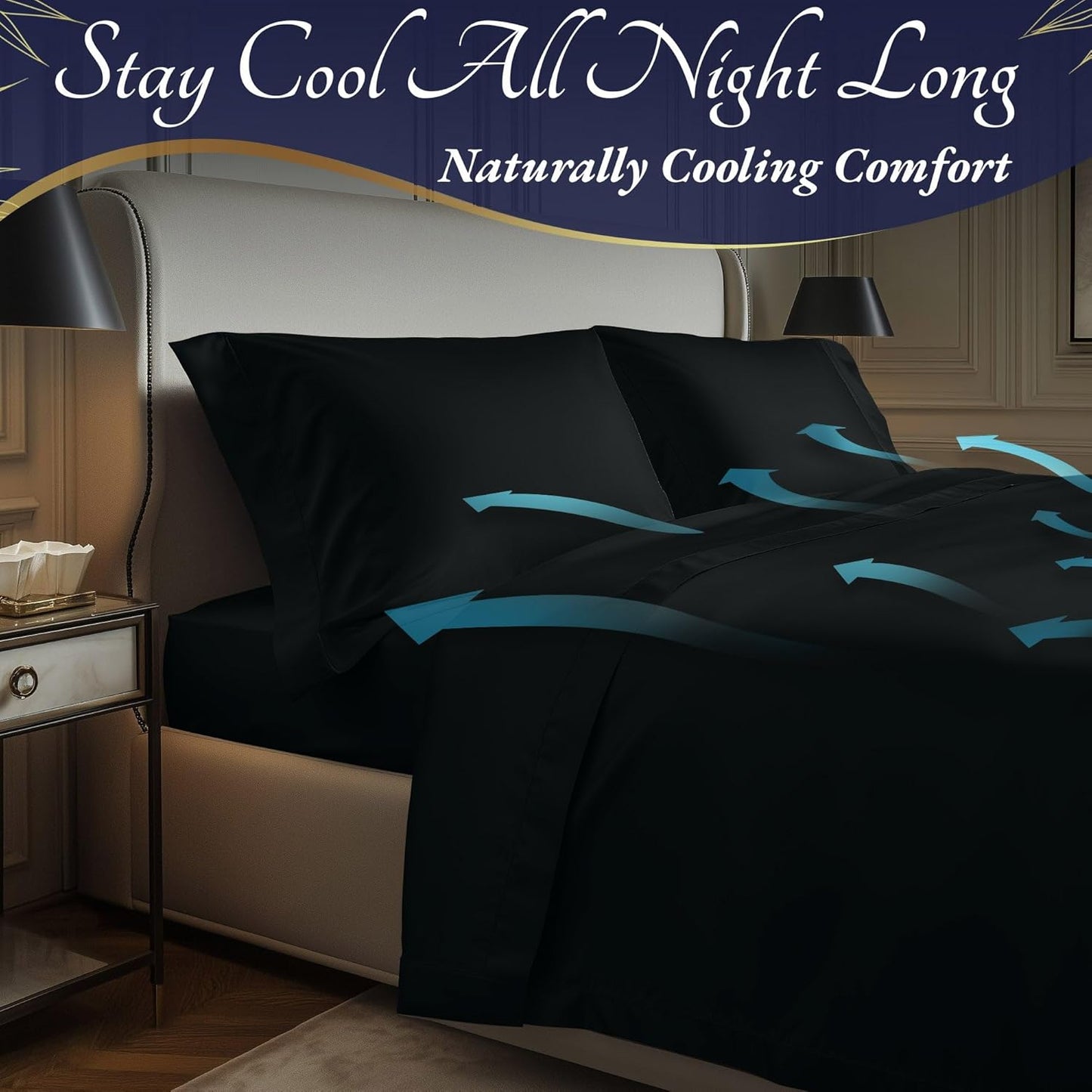 DECOLURE 100% Viscose Derived from Bamboo Sheets Cal King Size 4pcs - Ultra Soft & Luxuriously Cooling, 17" Deep Pocket, Double Stitching, Perfect for Hot Sleepers - King Bed Sheets (Black)