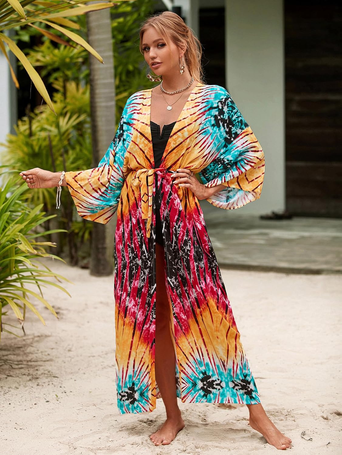 Women Casual Open Front Lightweight Cardigan Long Beach Kimono Cover Up