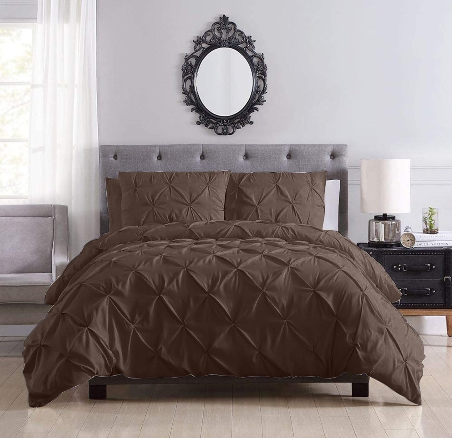 Pinch Pleated Duvet Cover Set 100% Cotton 3PC King Size 94x104 Duvet Cover Set, Decorative Pinch Design Brown Duvet Cover with Matching Pillow Case