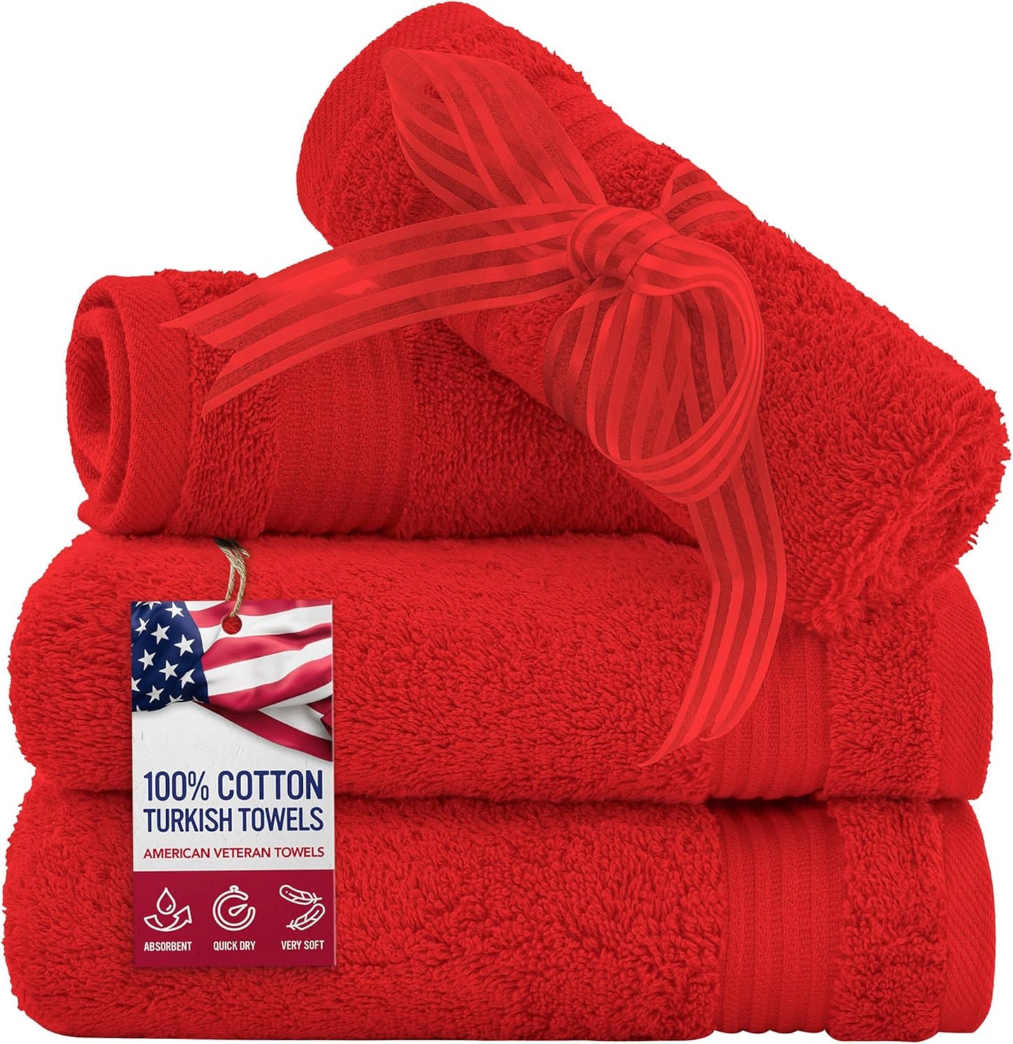 American Veteran Towel, 100% Cotton Turkish Washcloths for Bathroom Essentials 4 Pack, Soft Absorbent Wash Cloths Quick Drying Small Towels Washrags, Red
