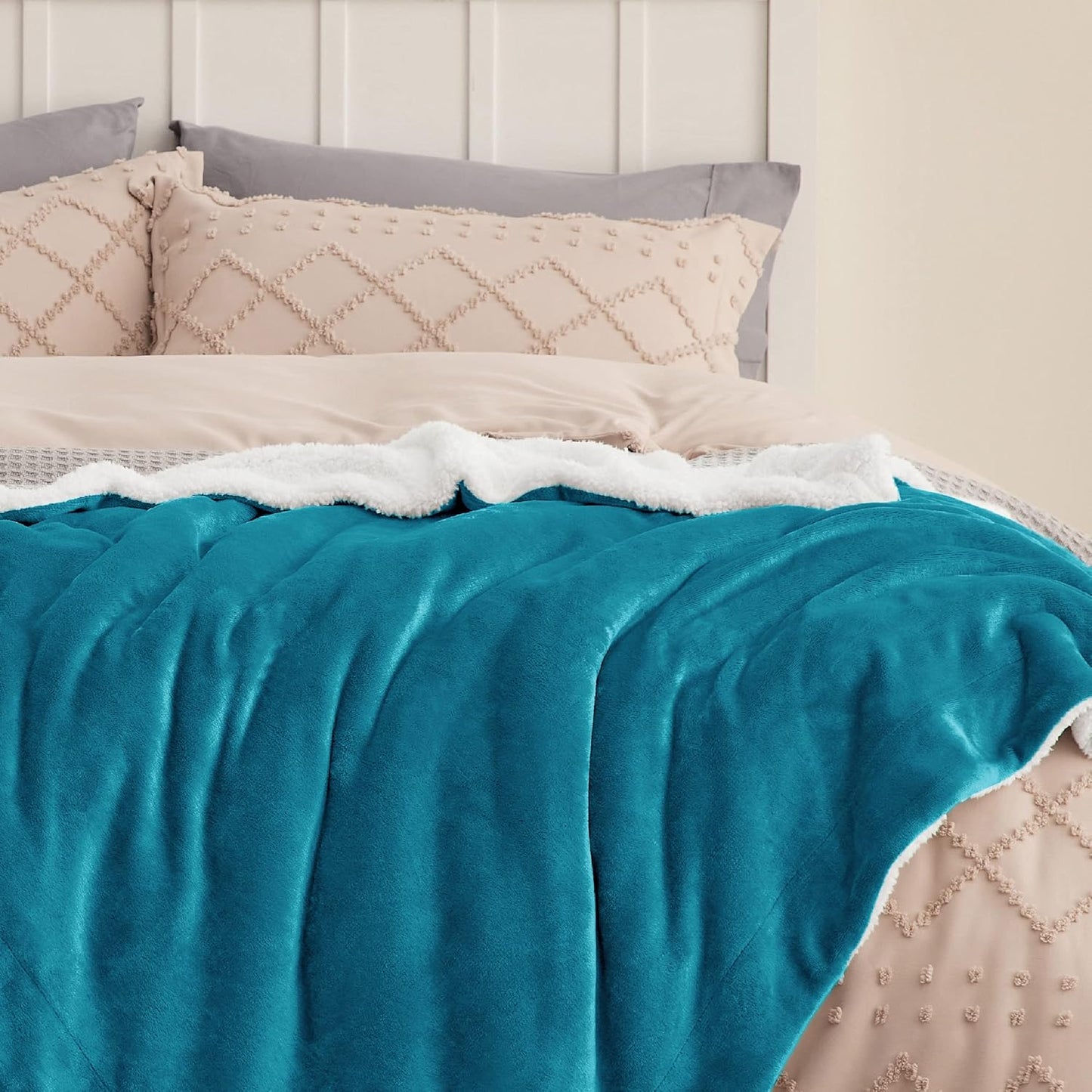 Bedsure GentleSoft Sherpa Fleece Blankets Queen Size for Bed - Thick and Warm Throw for Women and Men, Soft Fuzzy Plush Queen Blanket for Winter, Teal, 90x90 Inches