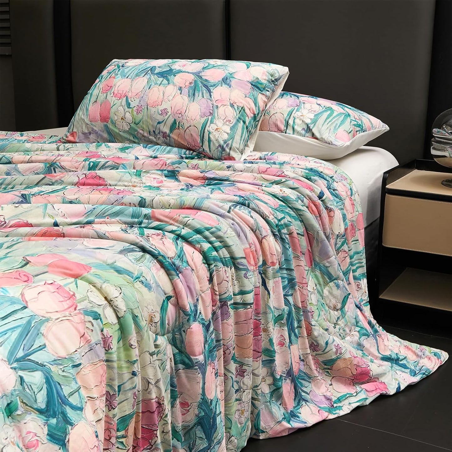 Cyusri Floral Print Cooling Comforter Set 3Pcs Breathable Cool King Size Bedding Set with 2 Pillowcases Pink Tulip Pattern Silky Cold Quilt, 108"x90"