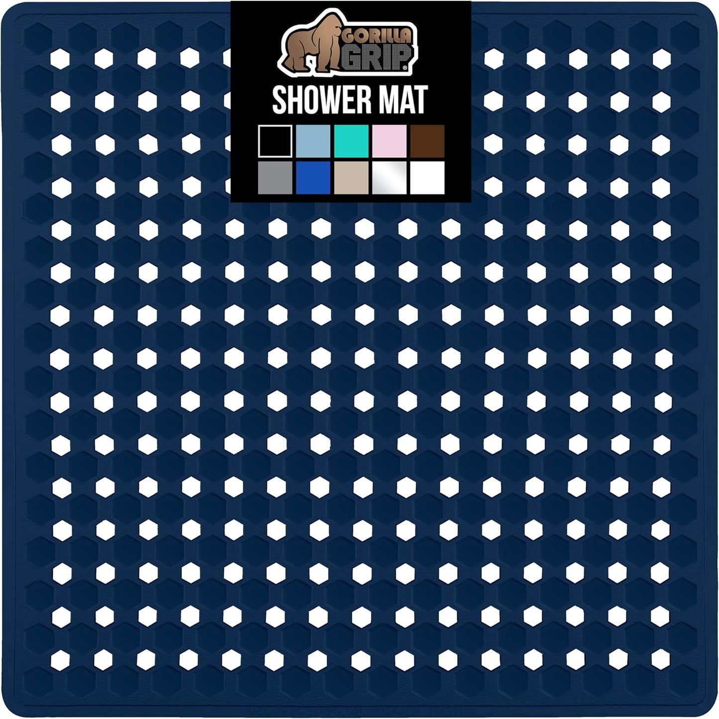 GORILLA GRIP Patented Square Shower Stall Mat, Small Bathtub Floor Mats for Stand Up Showers, Suction Cups and Drainage Holes, Machine Wash, Soft on Feet, Bathroom Accessories 21x21 Inch, Navy Opaque