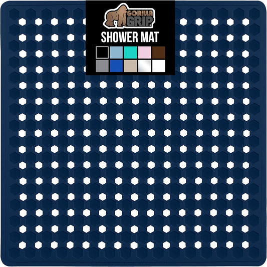 GORILLA GRIP Patented Square Shower Stall Mat, Small Bathtub Floor Mats for Stand Up Showers, Suction Cups and Drainage Holes, Machine Wash, Soft on Feet, Bathroom Accessories 21x21 Inch, Navy Opaque