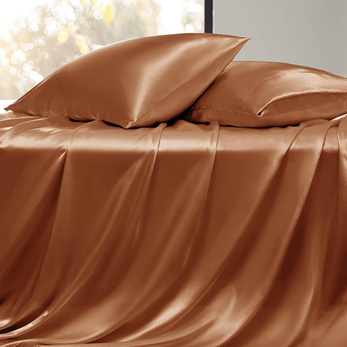 Bedsure Satin Sheets Full Size - 4 Piece Silky Bedsheets with 15 Inches Deep Pocket Fitted Bedsheet,1 Flat Sheet, 2 Satin Pillowcases, Good for Hair & Skin (Full, Burnt Orange)