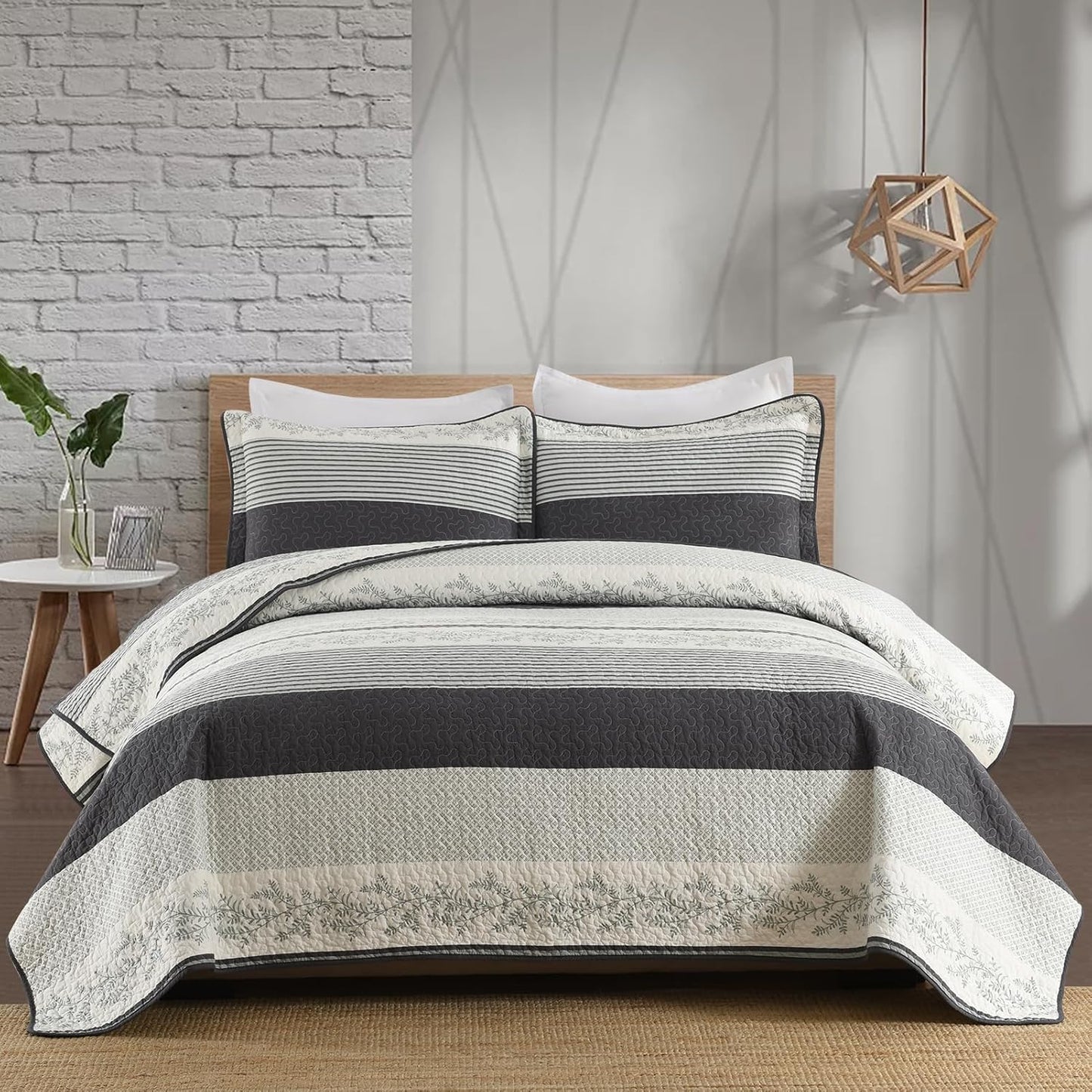 Stripe Quilts Queen Size - 100% Cotton Lightweight 3 Pieces Bedding Set, Vintage Vine Pattern Quilted Bedspread with 2 Pillow Shams, Farmhouse Printed Coverlet for All Season, Green/Gray