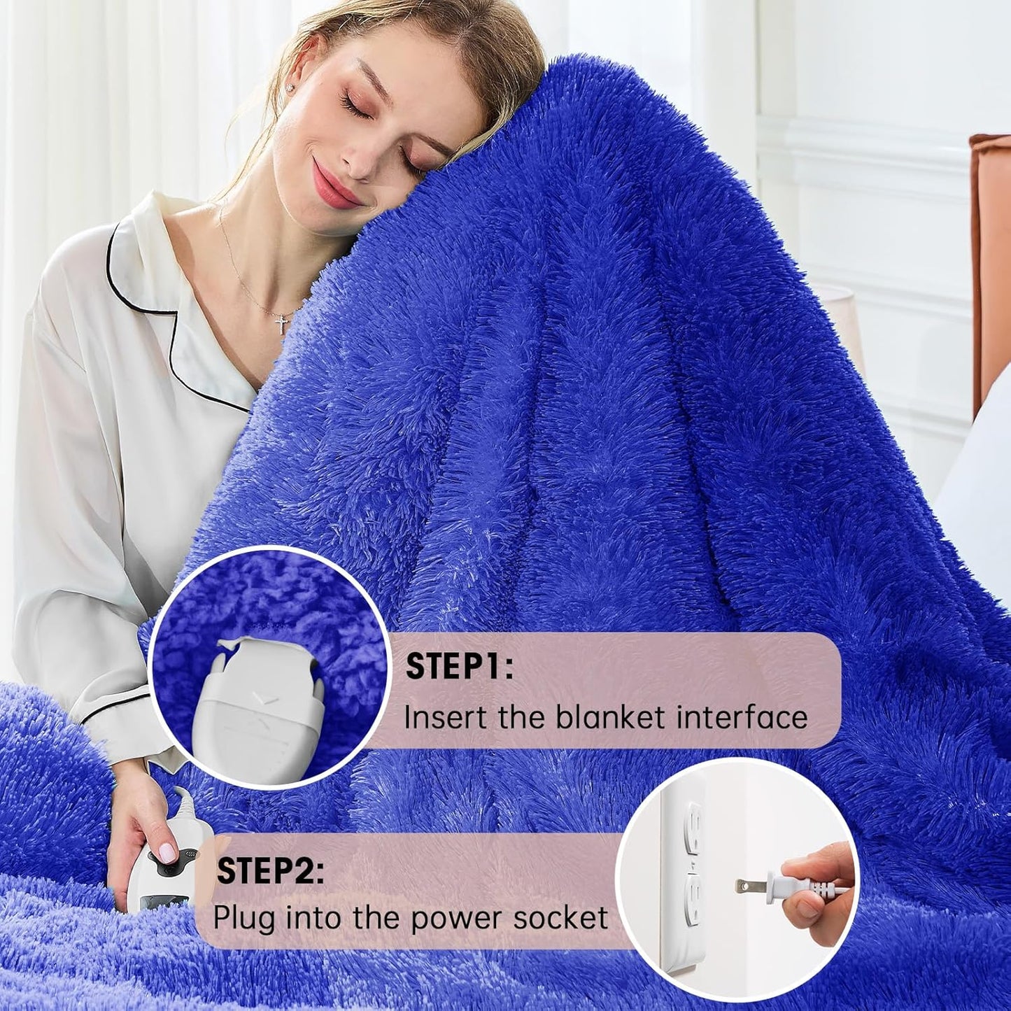 Heated Electric Blanket Throw–Faux Fur with Soft Thick Sherpa,Warm Winter Birthday Gifts for Women Grandma，10 Heat Settings,5 Time Settings with Fast Heating, 50x60, Glacier Blue