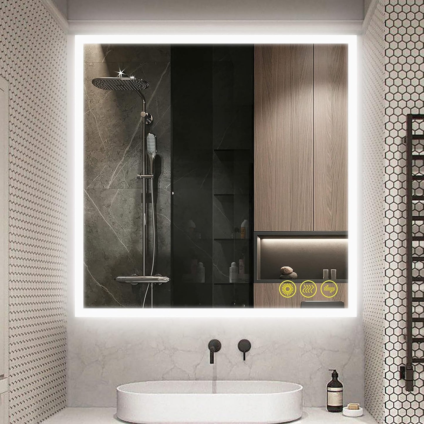 Wall-Mounted LED Square Bathroom Mirror, Makeup Mirror (36 inches x36 inches,) 3 Color Stepless Dimmable Memory Bathroom Vanity Mirror with Lights CRI90+ 3000-6400K Smart Mirror with Touch