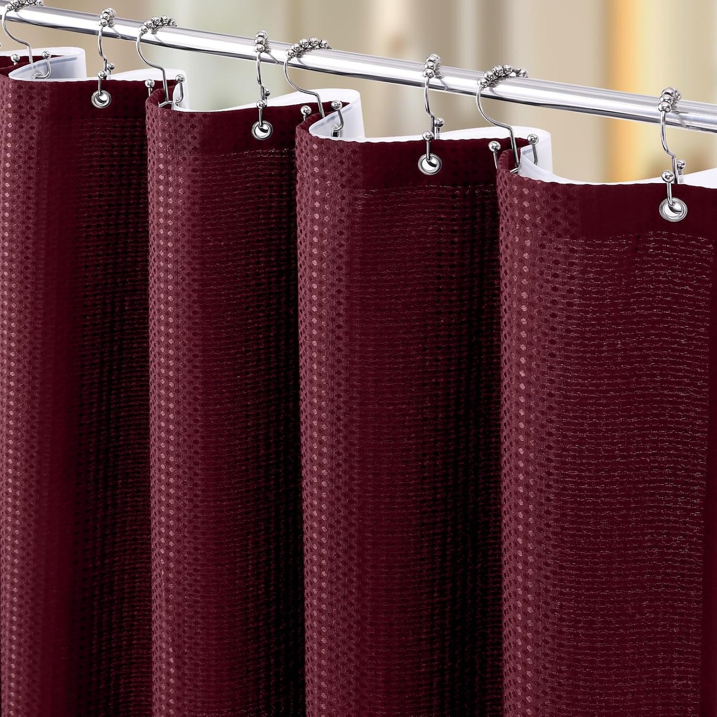 3 in 1 Shower Curtain Set, Waffle Shower Curtain and Liner Set with 12 Double Sided Shower Curtain Hooks, 258GSM Luxury Weighted Cloth Shower Curtains for Bathroom, 72 W x 72 H, Burgundy