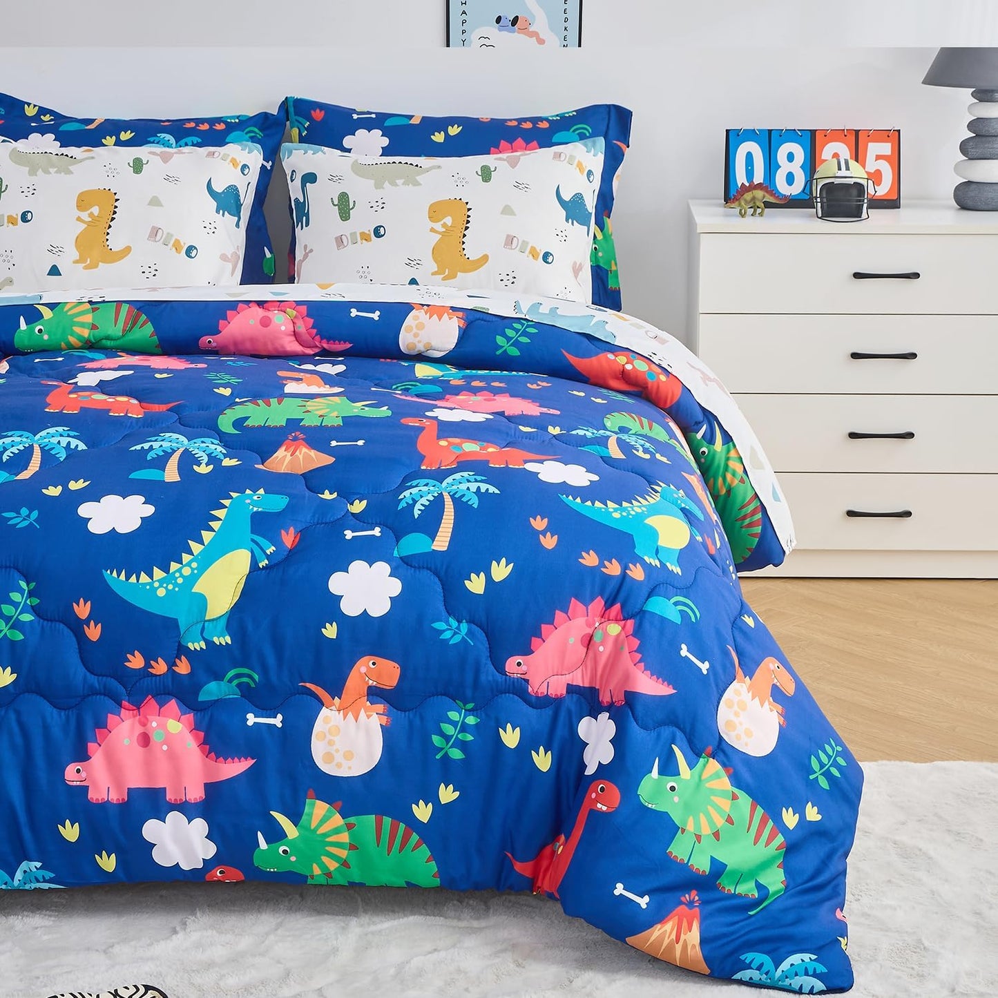 Wajade 7 Piece Kid Boys Dinosaur Comforter Set Twin Size 3D Blue Dinosaur Wild Park Jungle Print Bedding Set with Comforter, Sheet Set, Pillowcase and Sham