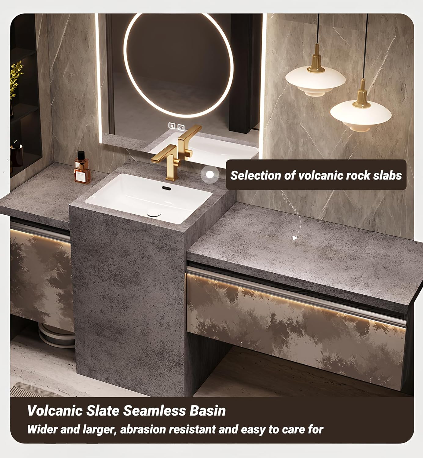 Single Sink Freestanding Bath Vanity, Modern Bath Vanity with LED Smart Mirror, 60IN Solid Wood Floating Bathroom Sink Cabinet with Marble Slate Top and Large Storage Drawer