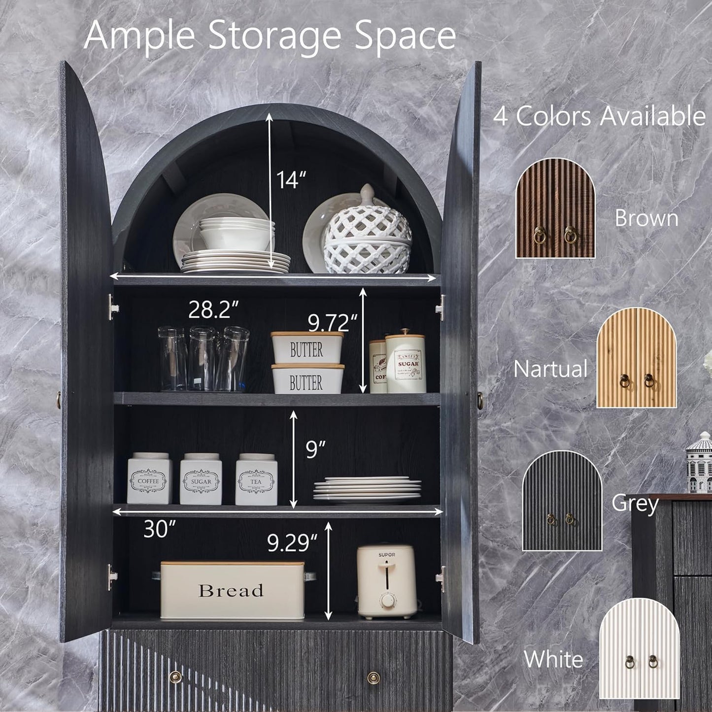 71" Tall Arched Bathroom Storage Cabinet, Modern Fluted Cabinet Storage with 4 Shlves and 2 Drawers, Floor Cabinet for Bathroom, Living Room, Kitchen, Dark Gray