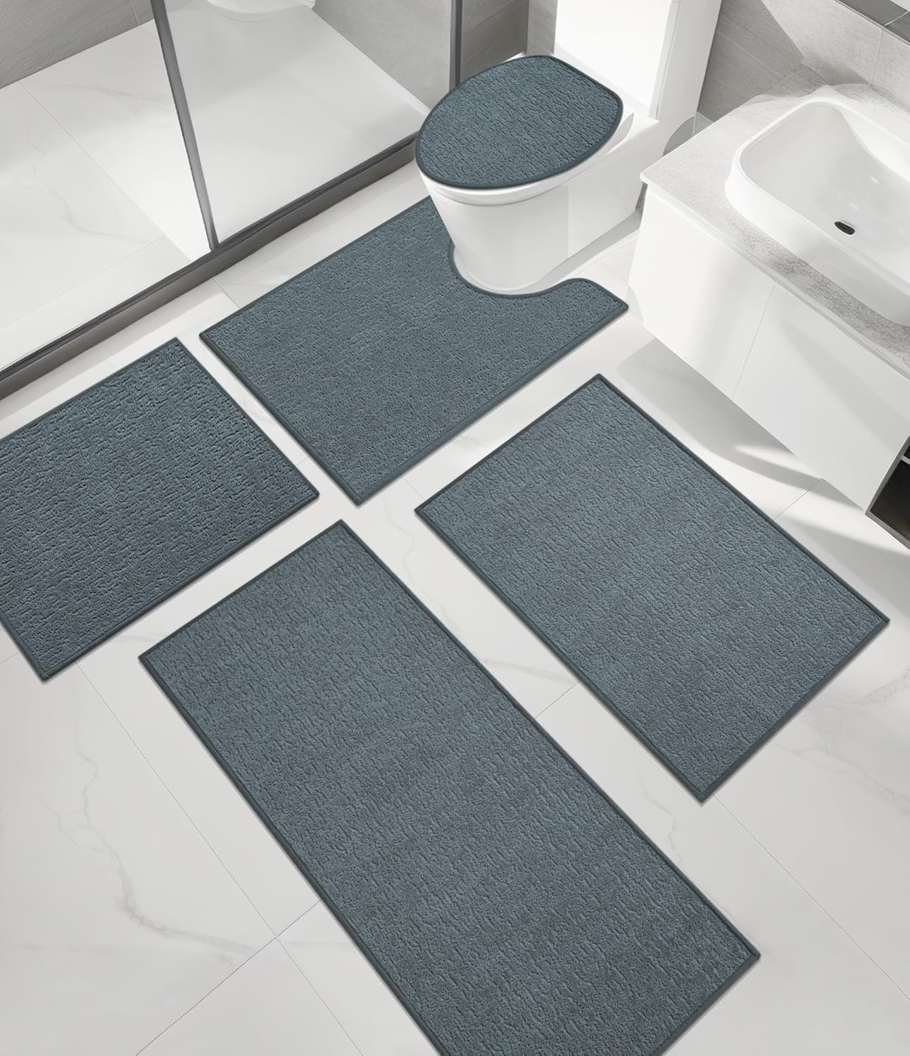 chakme Bathroom Rug Sets 5 Piece, Ultra Thin Bath Mat Quick Dry Bath Mat Set, Absorbent Bath Mat for Bathroom Non Slip Machine Washable, (Light Blue, 5 Piece)