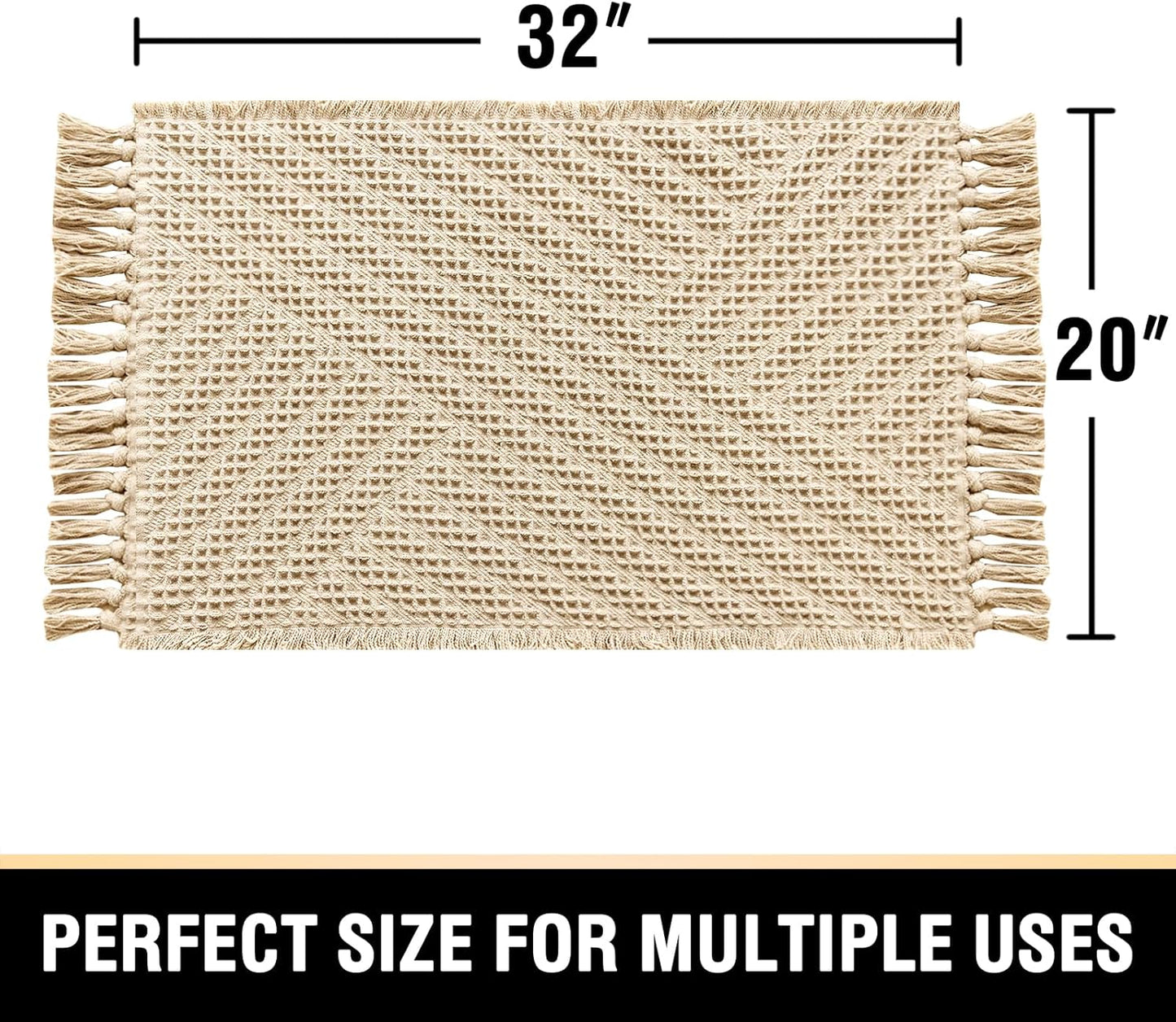 H.VERSAILTEX Waffle Bath Mat Super Absorbent Boho Bath Mat Non Slip Bath Rugs for Bathroom Floor Machine Washable Dry Fast Bathroom Rugs with Tassels, 20" x 32", Sand