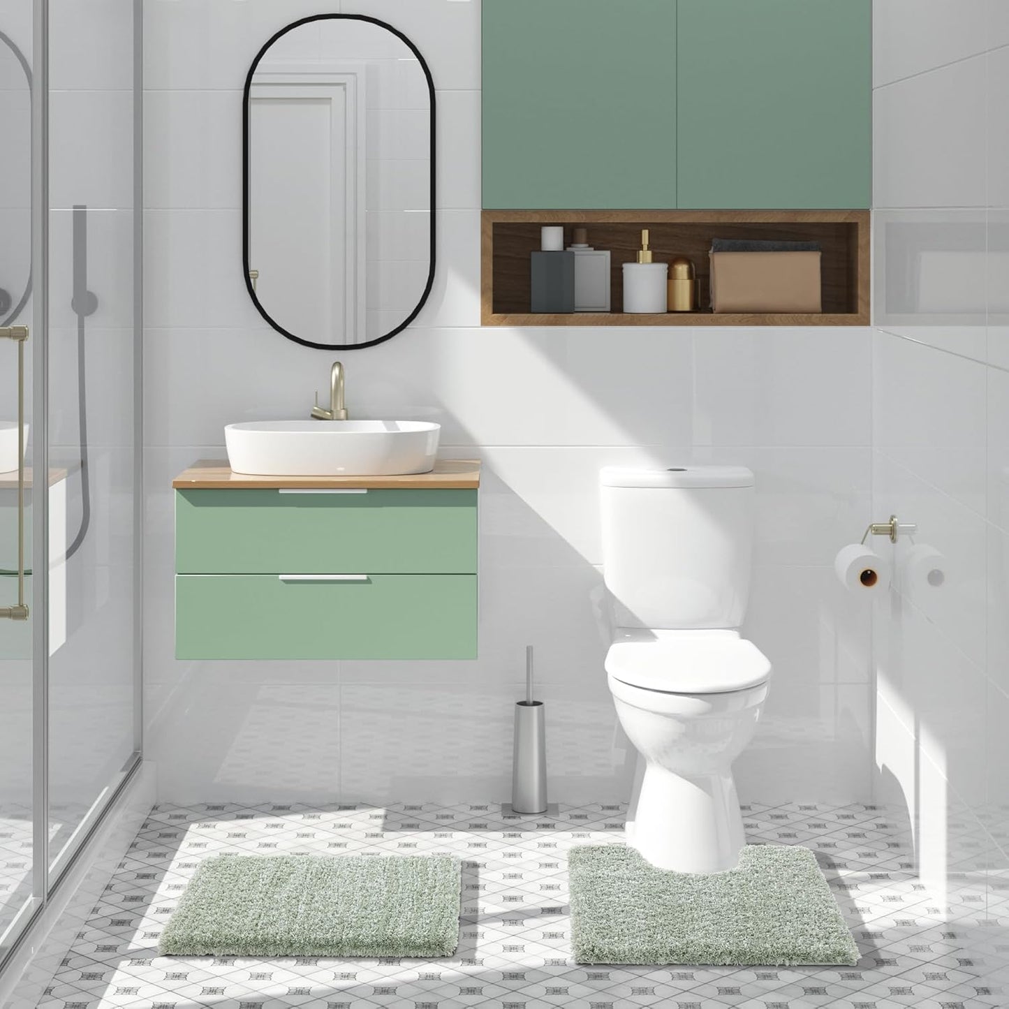 Yimobra Bathroom Rugs for Home Essentials, Non Slip Washable Bath Mat, Soft Water Absorbent Plush Shower Rug for Bathroom Floor, Bath Decor Accessories, 24x17, Light Green White