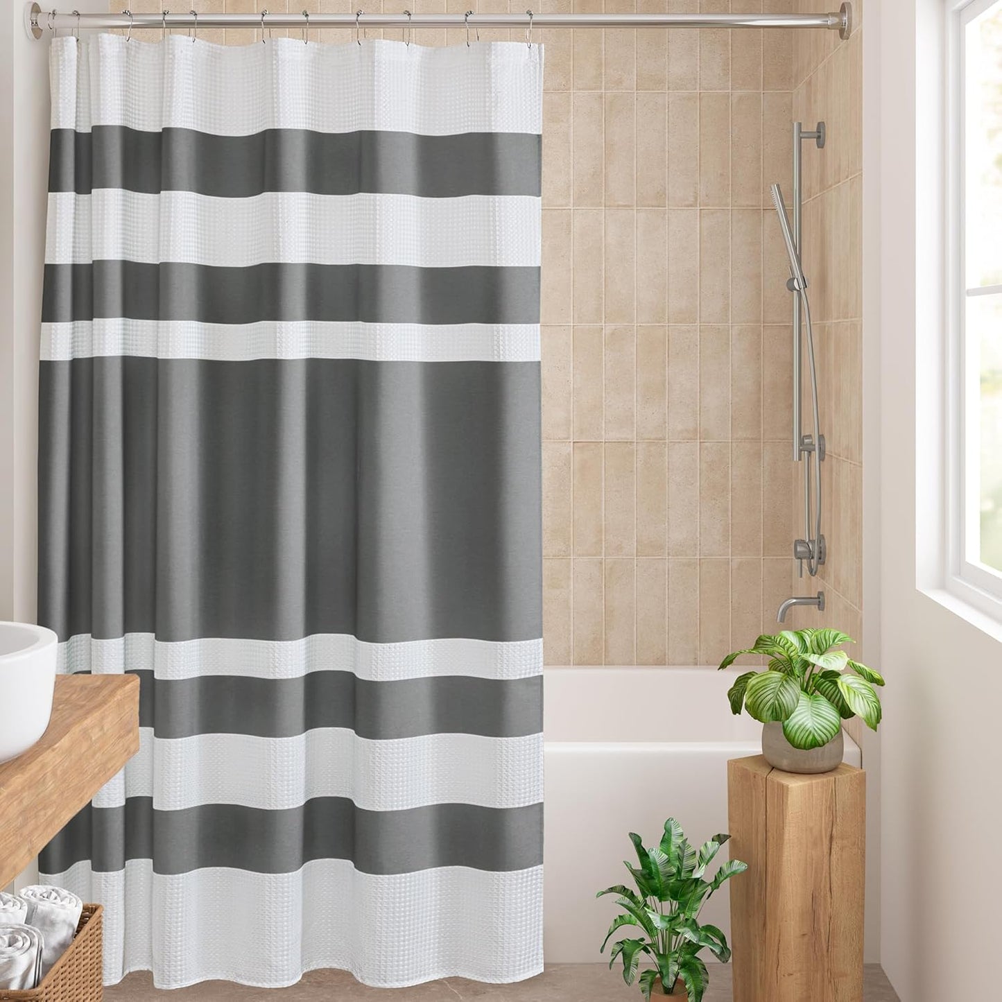 Madison Park Shower Curtain Spa Waffle Weave Wide Shower Curtain for Bathroom 3M Scotchgard Moisture Management, Spa Quality Modern Shower Curtains for Bathroom, Extra Width: 108"x72" Charcoal