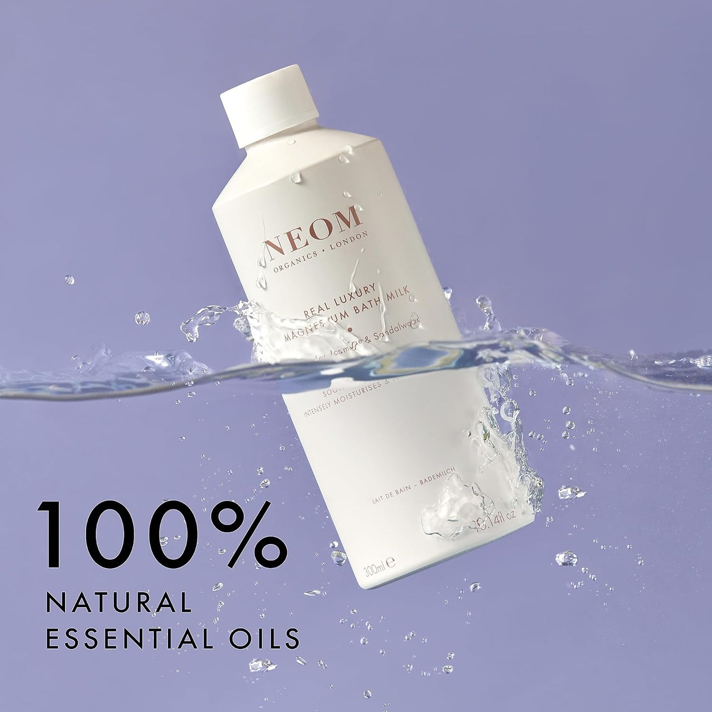 Neom De-Stress Real Luxury Magnesium Bath Milk, 10.14 Oz I 100% Natural Lavender, Jasmine and Sandalwood I Relieve Sore, Tired Muscles I Milky Texture I Relaxing