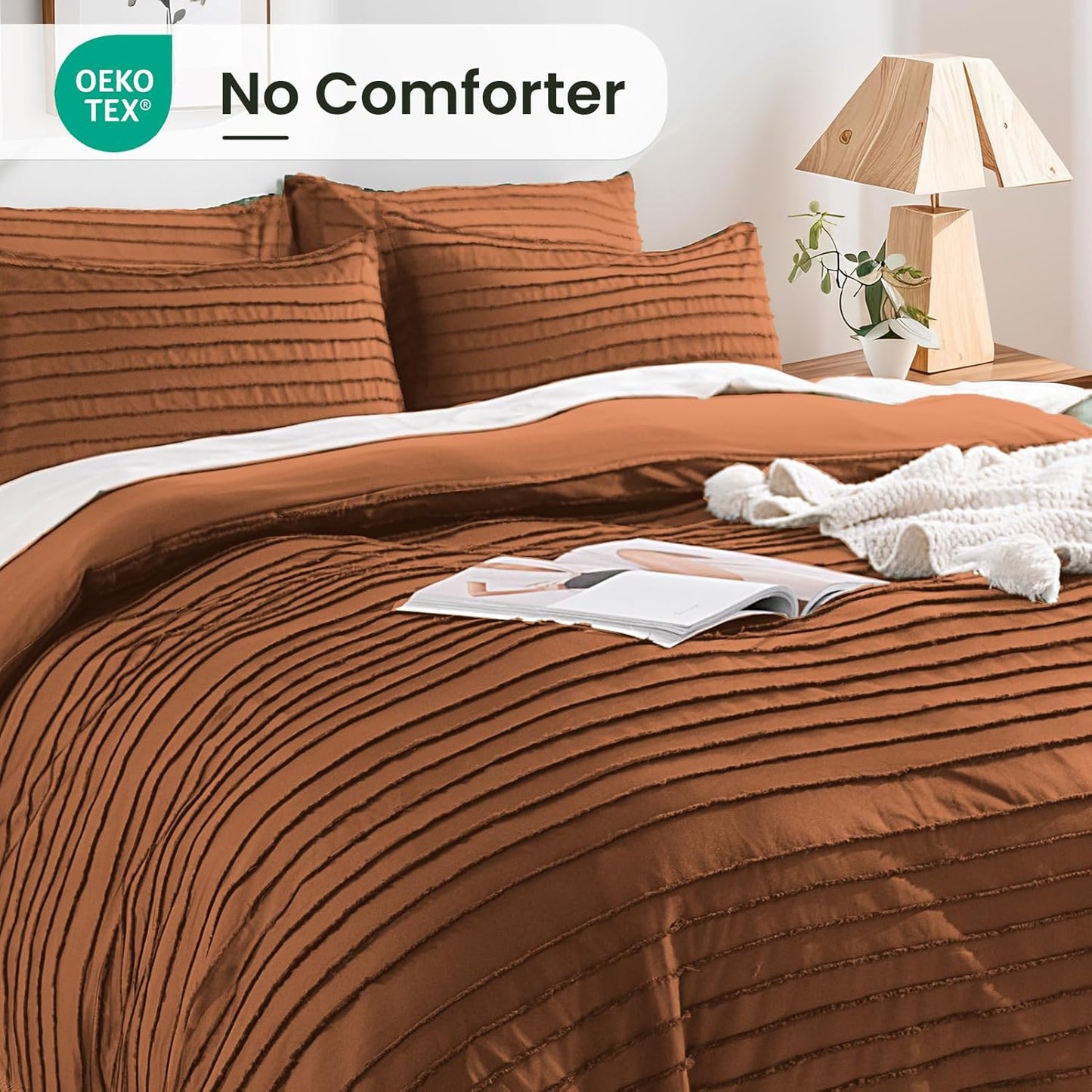NEXHOME PRO Duvet Cover Queen Size, Brunt Orange 3 Pieces Boho Tufted Duvet Cover Set, Soft and Lightweight Microfiber Comforter Cover Set for All Season (Brunt Orange, 90 x 90)-No Comforter