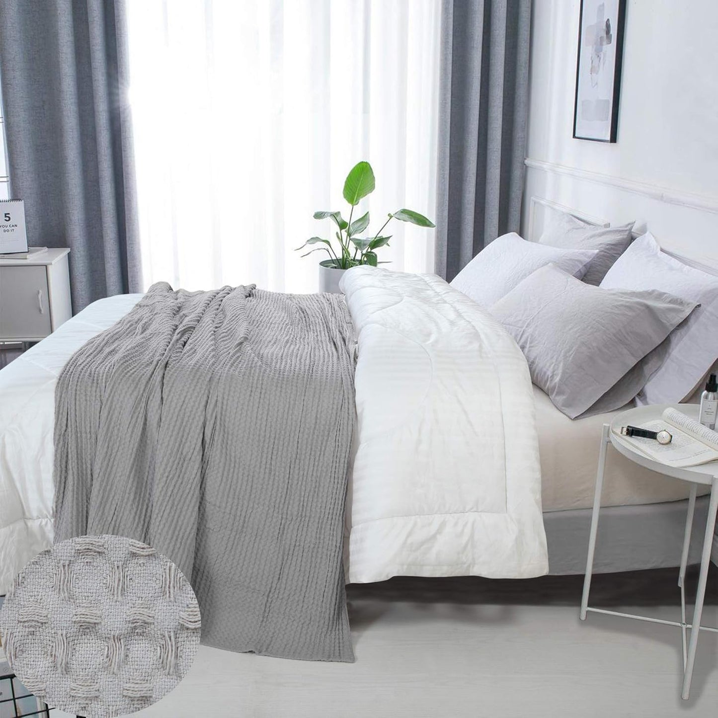 HILLFAIR 100% Combed Cotton Blanket– King Size Bed Blankets– Warm Soft All Season Breathable Lightweight Summer Blankets– Waffle Weave Home Decor Bed Blanket- Khaki King Bed Cotton Blankets/Bedcovers