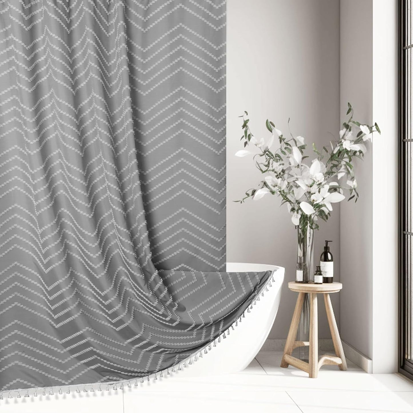Extra Long Grey Boho Shower Curtain with Tassel, Woven Fabric 84 in Shower Curtain, Tufted Chevron Striped, 72 x 84, Modern Chic Textured Minimalist Bathroom Shower