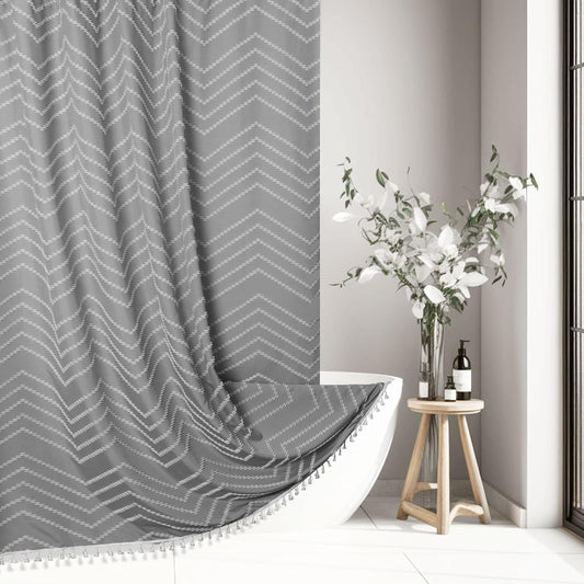 Extra Long Grey Boho Shower Curtain with Tassel, Woven Fabric 84 in Shower Curtain, Tufted Chevron Striped, 72 x 84, Modern Chic Textured Minimalist Bathroom Shower