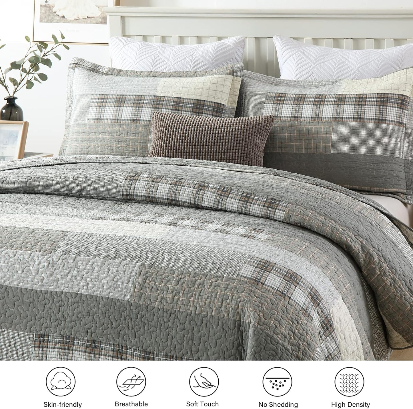 Y-PLWOMEN Quilt King Size - 100% Cotton Grey King Quilt Farmhouse Plaid Quilted Bedspread, 3 Pieces Lightweight Reversible King Size Quilt Bedding Set for All Season