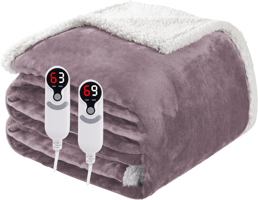 Electric Heated Blanket Queen Size 84"x90", Soft Flannel with Dual Controllers & Overheat Protection, 6 Adjustable Heat Settings & 10-Hour Auto-Off Timer, Fast Heating for Winter Comfort, Purple