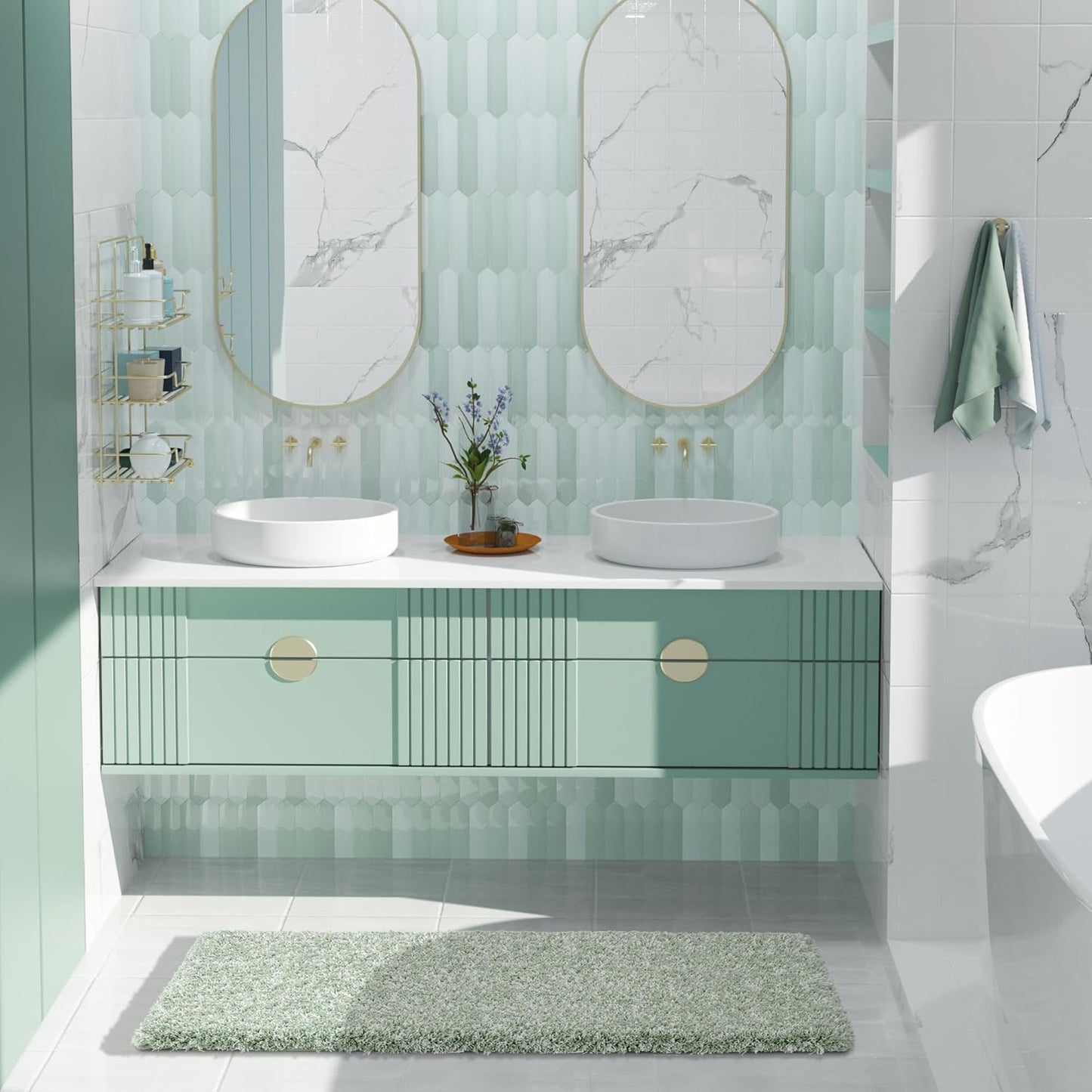 Yimobra Luxury Bathroom Rugs, Fluffy Bath Mats, Non Slip, Water Absorbent Microfiber, Machine Washable, Plush Runner Shower Rugs, Thick Matts for Bathroom Floor&Tub, 47"x 24", Light Green and White