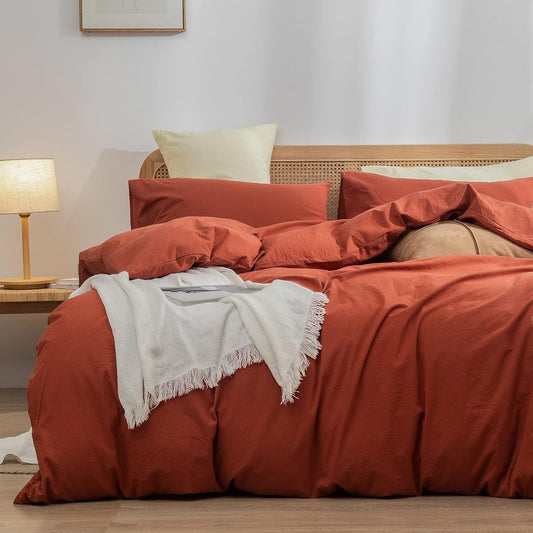 BESTOUCH Duvet Cover Set 100% Washed Cotton Linen Feel Super Soft Comfortable Chic Lightweight 3 PCs Home Bedding Set Solid Burnt Brick Red King
