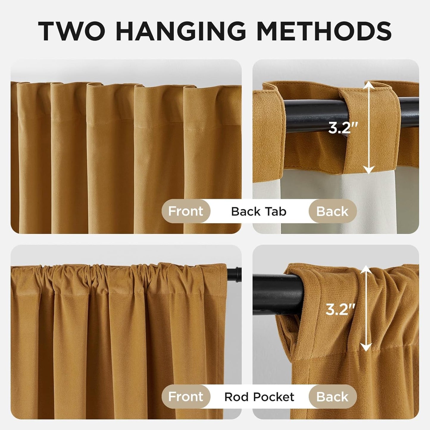 Joydeco Mustard Yellow 100% Blackout Curtains 120 Inch 2 Panels, Luxury Thermal Yellow Velvet Curtains for Bedroom Living Room, Soundproof Blackout Window Drapes, Rod Pocket & Back Tab (52W x 120L)