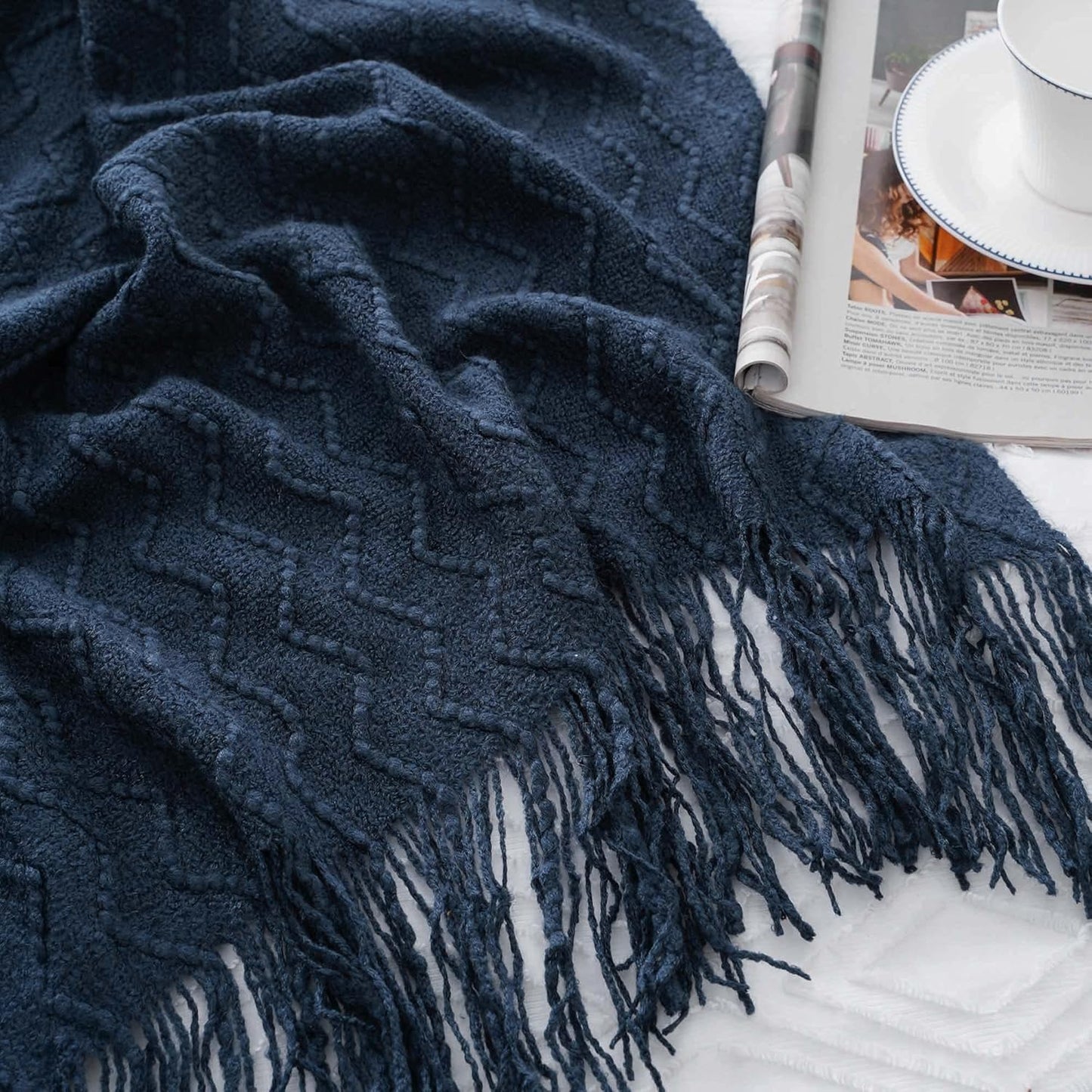 BATTILO HOME Navy Blue Throw Blanket for Couch, Textured Soft Navy Throw, Decorative Knitted Navy Blanket Throw for Sofa Bed Living Room, 50"x60"