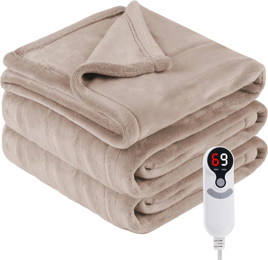 Electric Heated Blanket Twin Size 62”x84”,Soft Warmth Cozy with 6 Heating Settings 1-10 Hours Auto-Off, One Touch Operation, Machine Washable, Camel