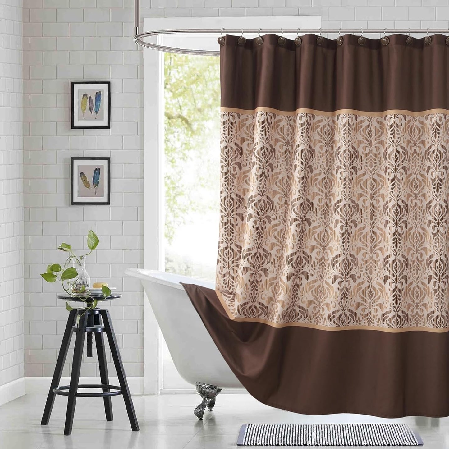 90 Inch Fabric Shower Curtain, Extra Long Brown Damask Shower Curtains for Bathroom, 72" W x 90" H