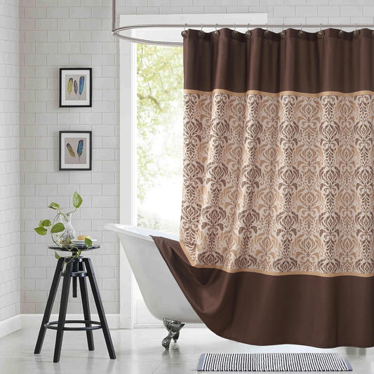 90 Inch Fabric Shower Curtain, Extra Long Brown Damask Shower Curtains for Bathroom, 72" W x 90" H