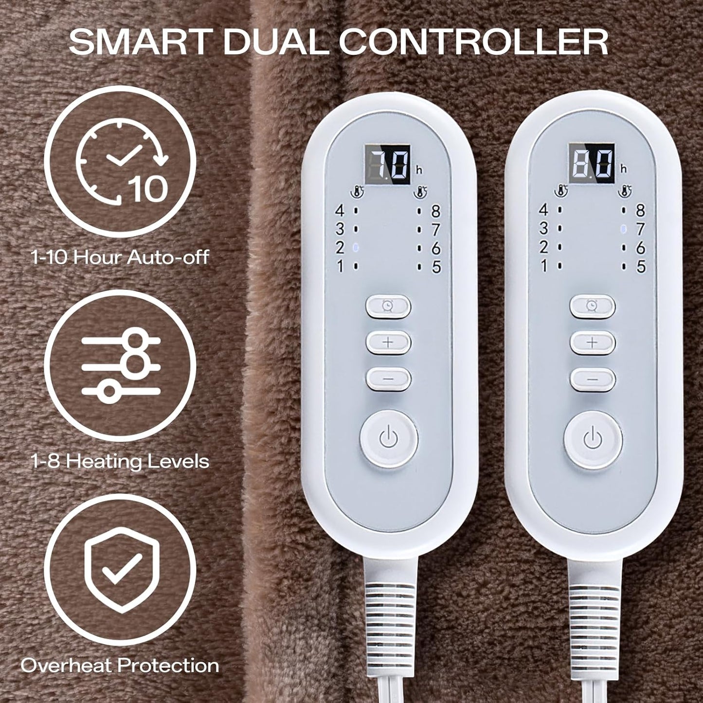Electric Blanket King Size, Ultra Soft Flannel Heated Blanket for Full Body, Dual Control Heating Blankets with 10 Hours Automatic Shut Off, 8 Heating Levels, Washable, Double Zone, 100" x 90" Brown