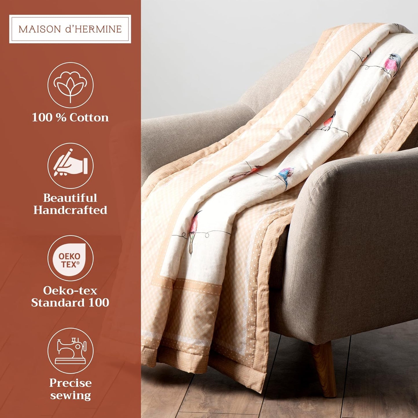 Maison d' Hermine Throw Blanket for Couch Lightweight Soft Warm Breathable Cotton Throw Blankets for Bed Girls Boys Women Men Gifts Sofa Travel Living Room Chair Bedding (60"x80", Birdies On Wire)